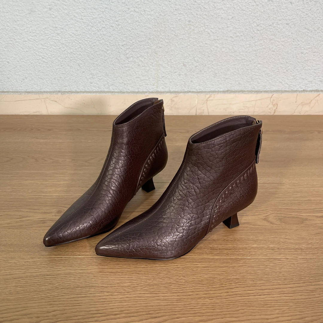 5cm 法式尖头真皮细跟短靴女2025秋冬新款后拉链高跟女