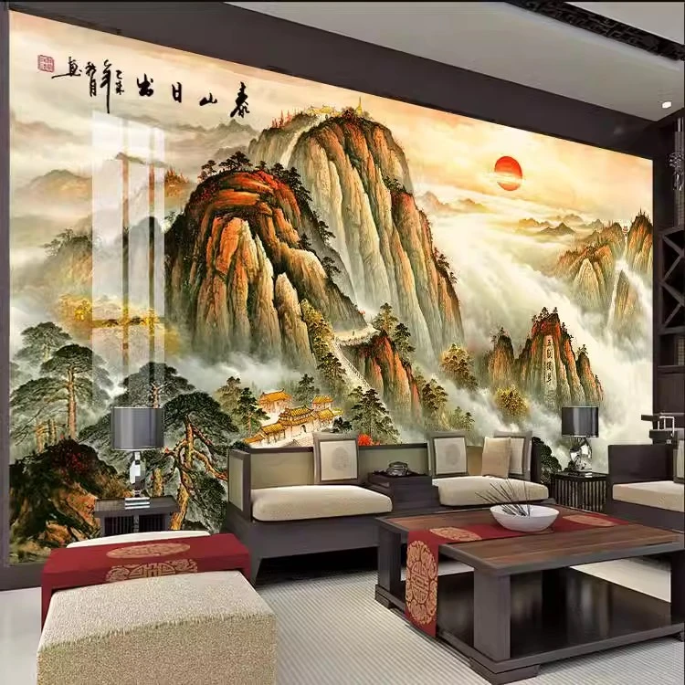 浮雕高光碳晶板新中式水墨山水画客厅电视背景墙板沙发墙哑光墙板
