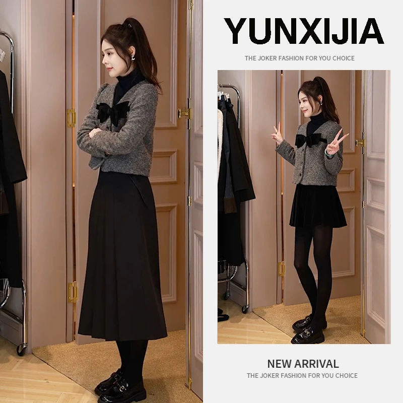 小香风气质套装女冬季爆款简约时尚长袖上衣黑色高腰裙子两件套装