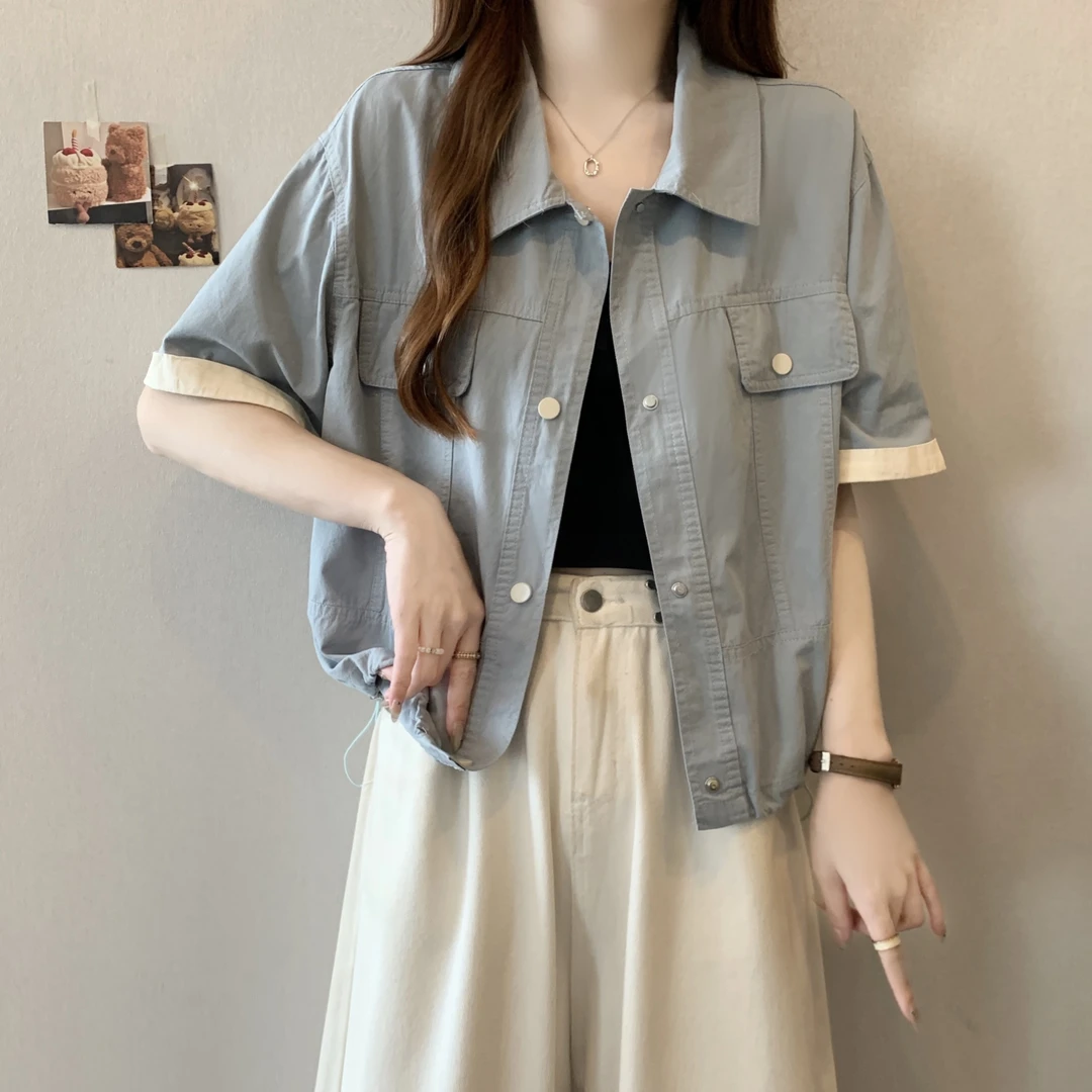 大码女装遮肚子POLO领工装短袖衬衫女夏季胖妹妹宽松显瘦正肩上衣