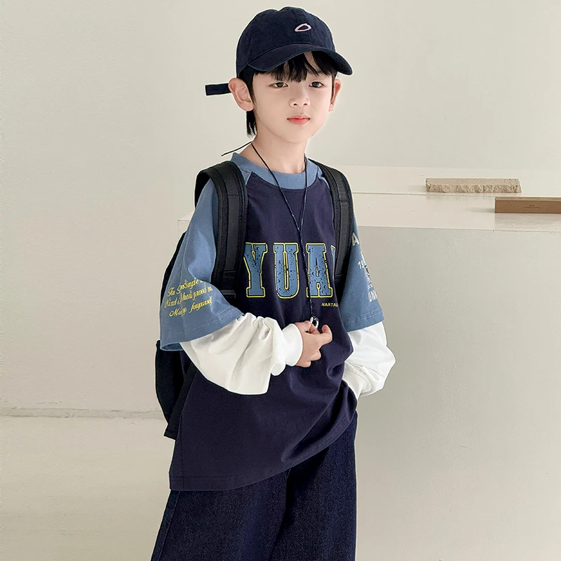 男童拼接假两件字母长袖T恤春秋款2025儿童休闲百搭打底衫中大童