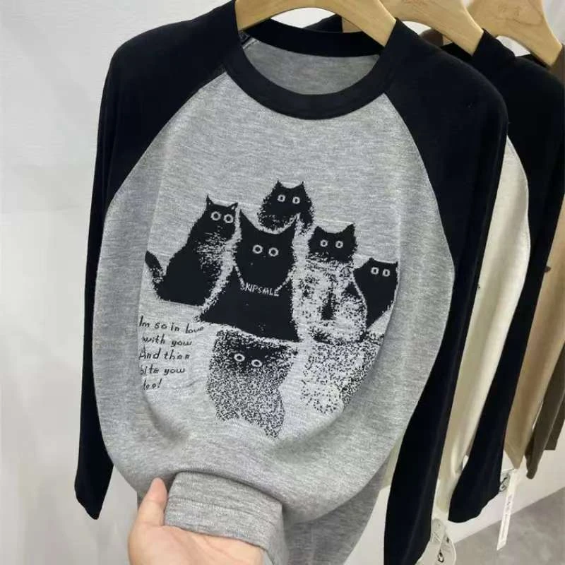 2276长袖猫针织衫印花卡通圆领套头拼接秋冬上衣百搭
