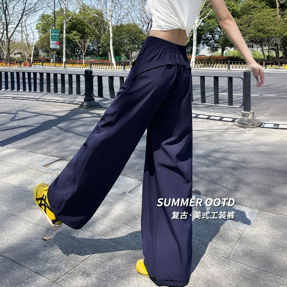 藏青色美式工装裤女2025新款夏季休闲直筒裤速干宽松阔腿运动裤子
