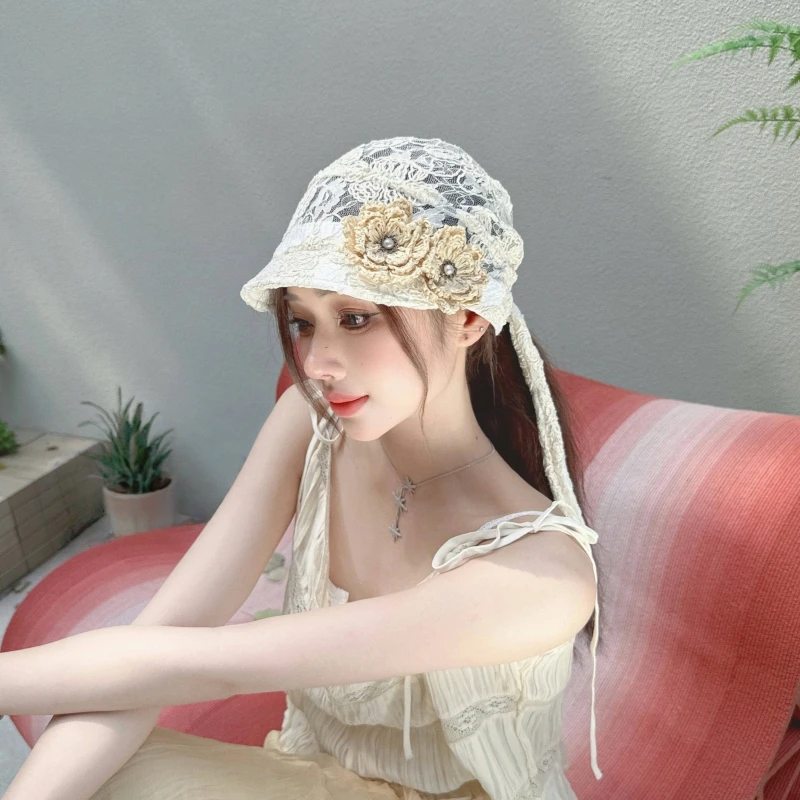 CREAMPP 原创春夏半透刺绣薄蕾丝绑发帽草编花森系短檐飘带头巾帽