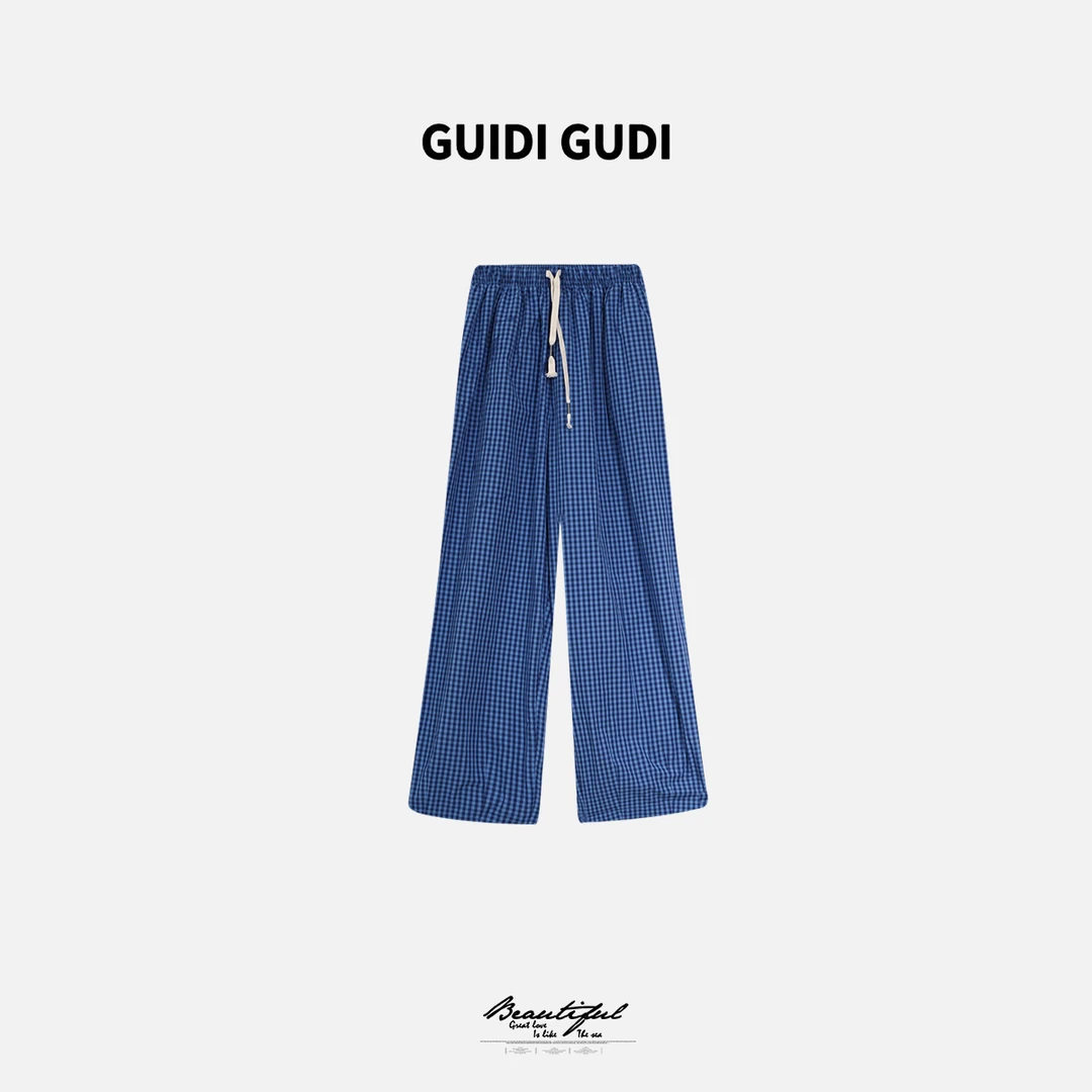 GUIDI GUDI【空白格】格子休闲宽松直筒休闲裤 /黄加蓝