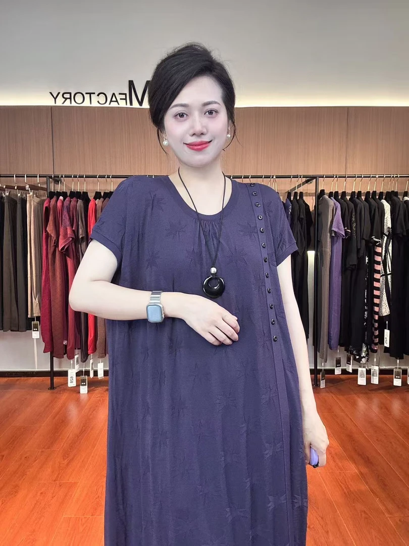 680 MM factory【枫林紫】提花静奢风均码圆领夏季中长款女装连衣裙