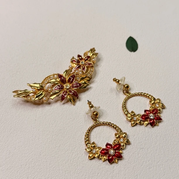 铜合金珐琅胸针 【六六中古】孤品复古节日胸针耳钉套装th7627