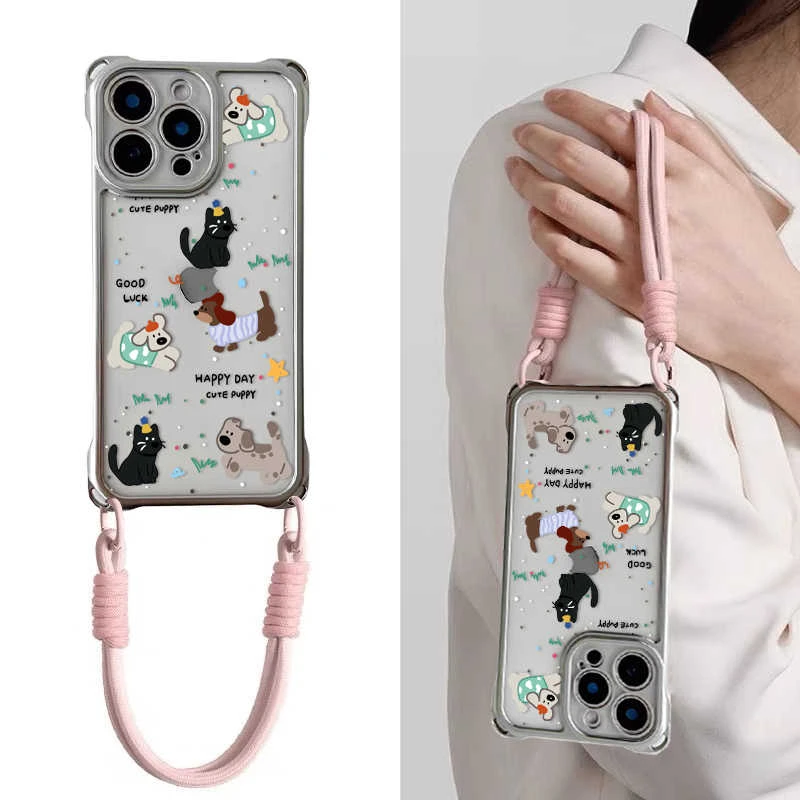 可爱小狗四角挂绳透明适用苹果华为oppo荣耀vivo小米手机壳