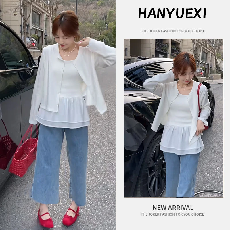 早春时尚一整套女装2025新款韩版拼接吊带短款针织衫阔腿裤三件套