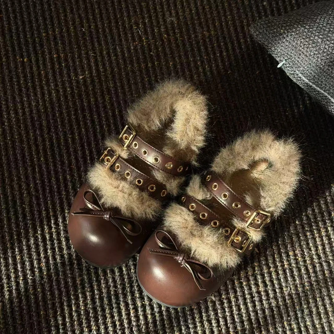 厚底增高大头斯拉夫风休闲风保暖蝴蝶结软底拼色洋气修面皮毛毛鞋