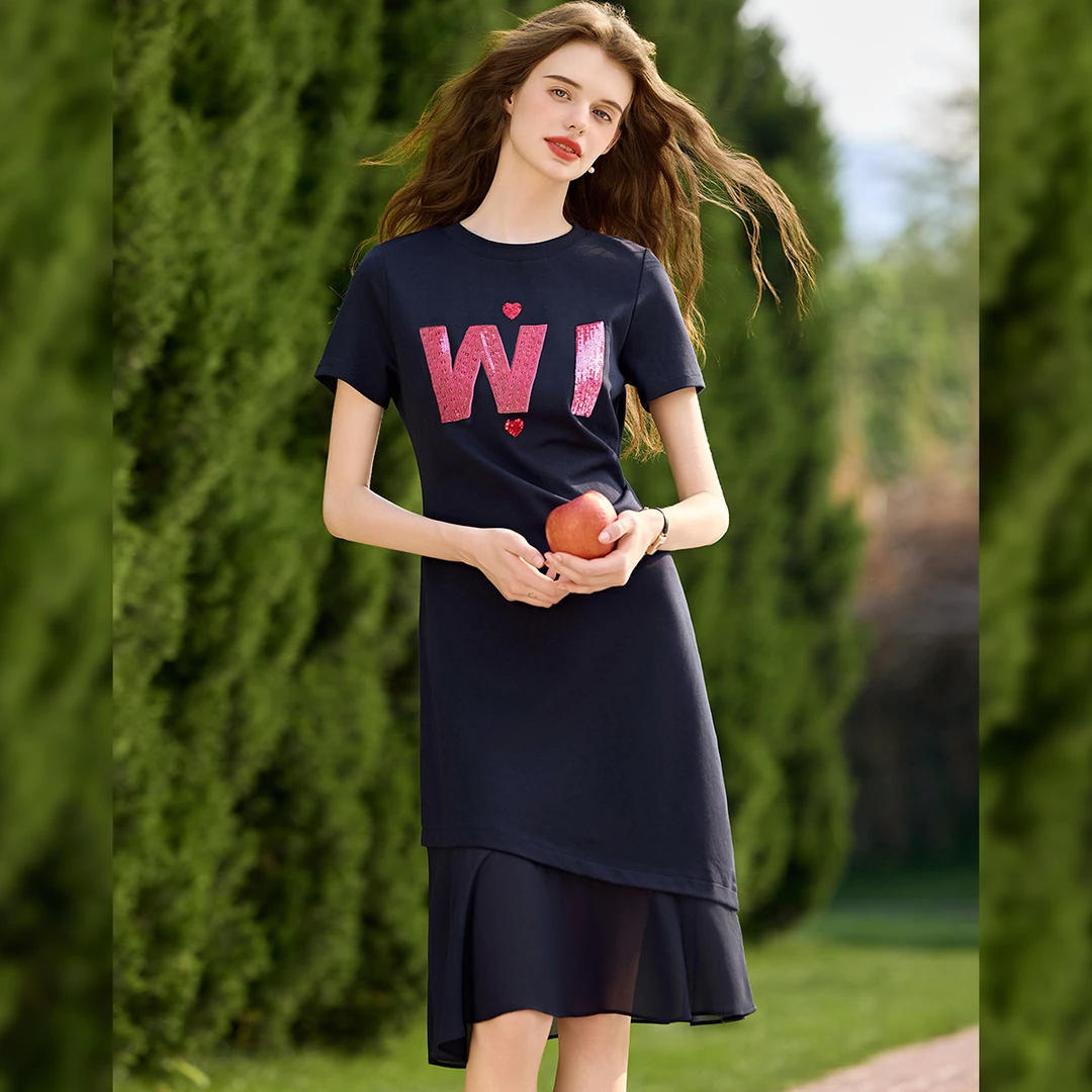 【商场同款新品】白鹿语25夏圆领正肩袖微弹连衣裙YU20462