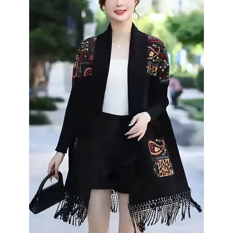 7033#毛衣外套女针织斗篷披肩提花流苏披风秋冬新款中式名族风