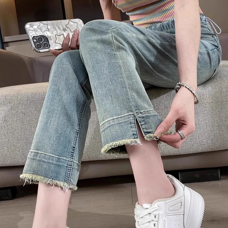 孕妇烟管牛仔裤春季韩版时尚修身显瘦弹力直筒裤小个子九分托腹裤