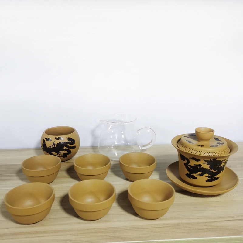 黄金段泥紫砂悬停三才盖碗整套功夫茶具套装家用简约办公室泡茶杯