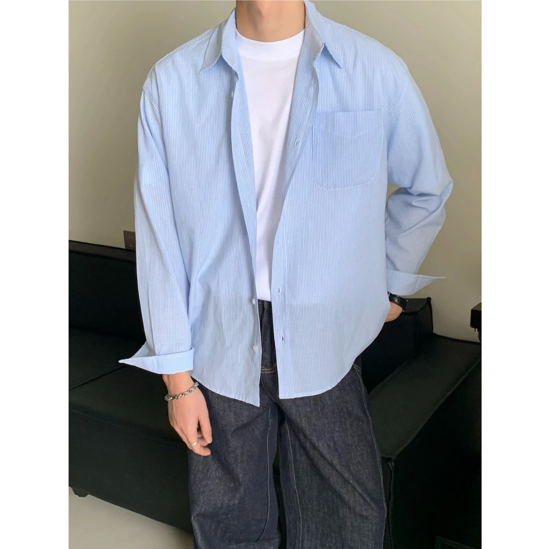 LIAOQIYUIN/宽松男生设计感长袖衬衣天空蓝洗水棉条纹衬衫5018