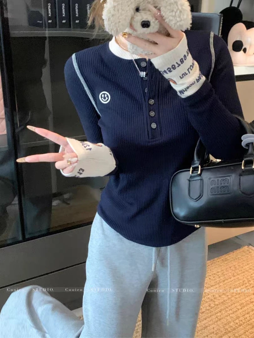 春季新款拼接纽扣短款长袖显瘦T恤百搭ol打底衫修身时尚1606#