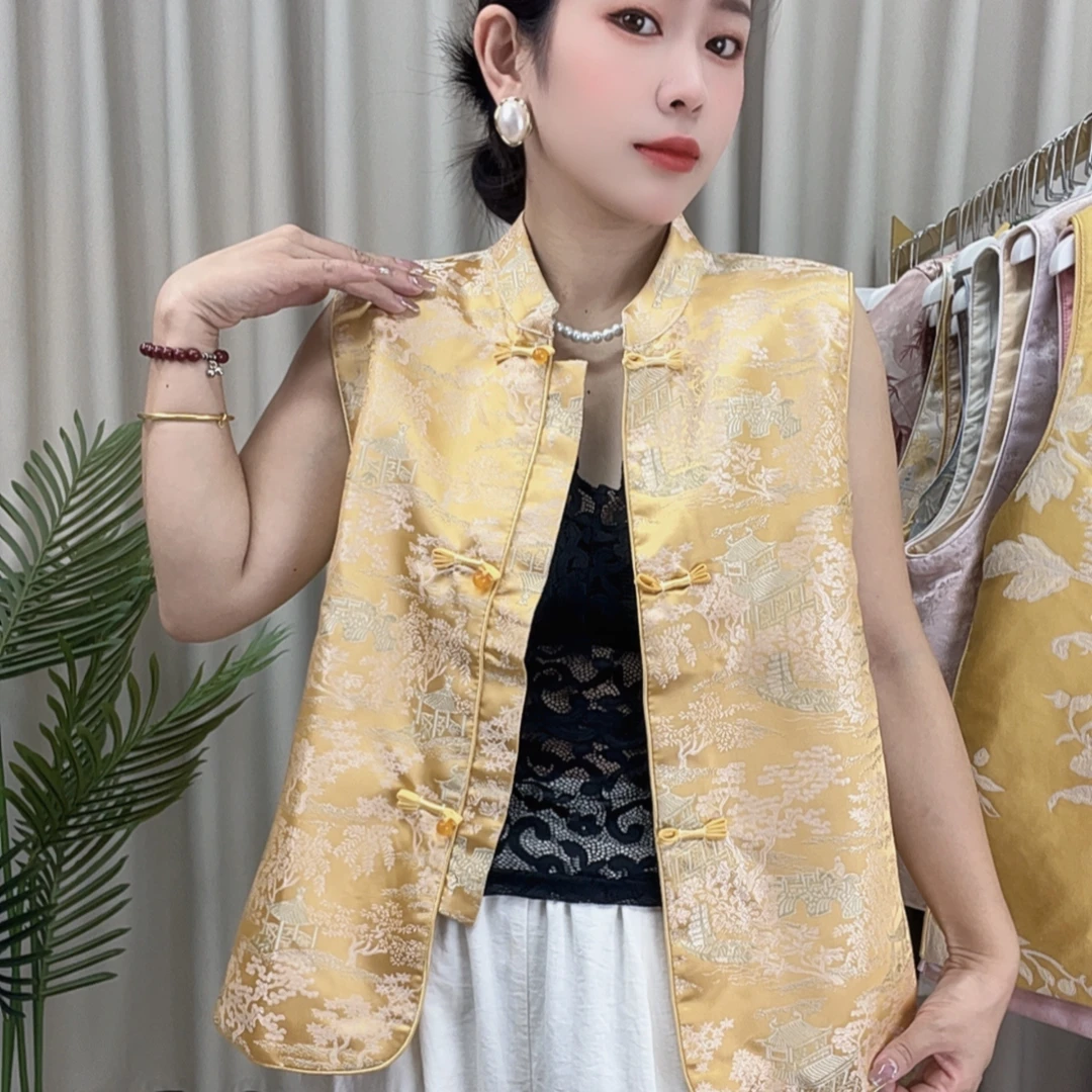 国风新中式马甲复古印花女春季新款立领时尚盘扣坎肩背心时髦上衣