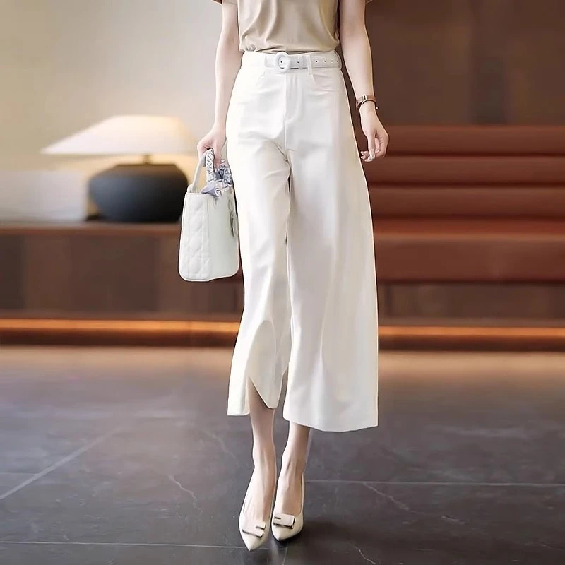 拉夏贝尔舒适休闲阔腿裤女夏季2025新款薄款度假风显瘦八分直筒裤