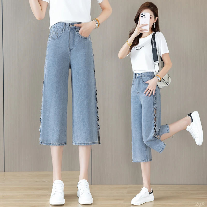 浅蓝色牛仔裤2025夏季薄款版阔设计侧边镂空直筒时尚七分裤