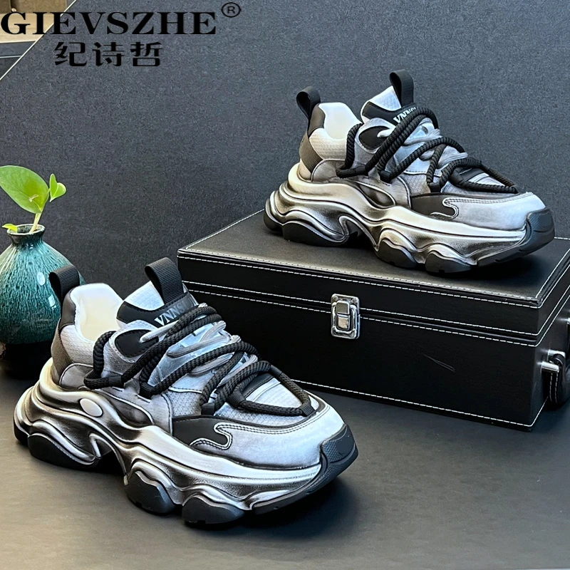 纪诗哲轻奢高端老爹鞋男复古风做旧脏脏鞋秋运动复古厚底高帮男鞋