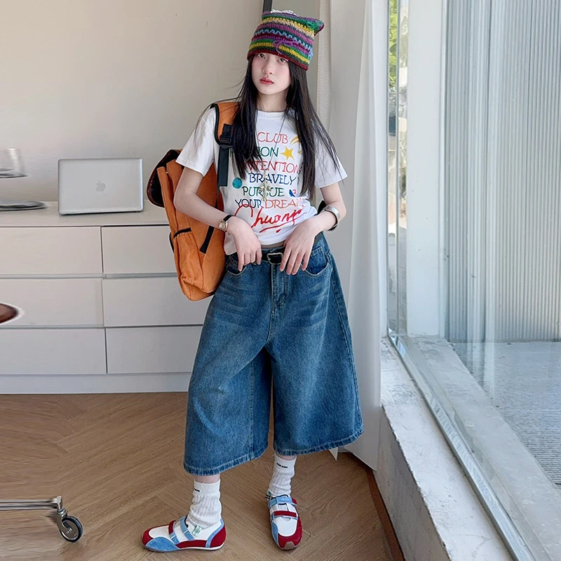 女童短袖T恤套装2025新款洋气女孩夏季上衣儿童休闲牛仔中裤套装