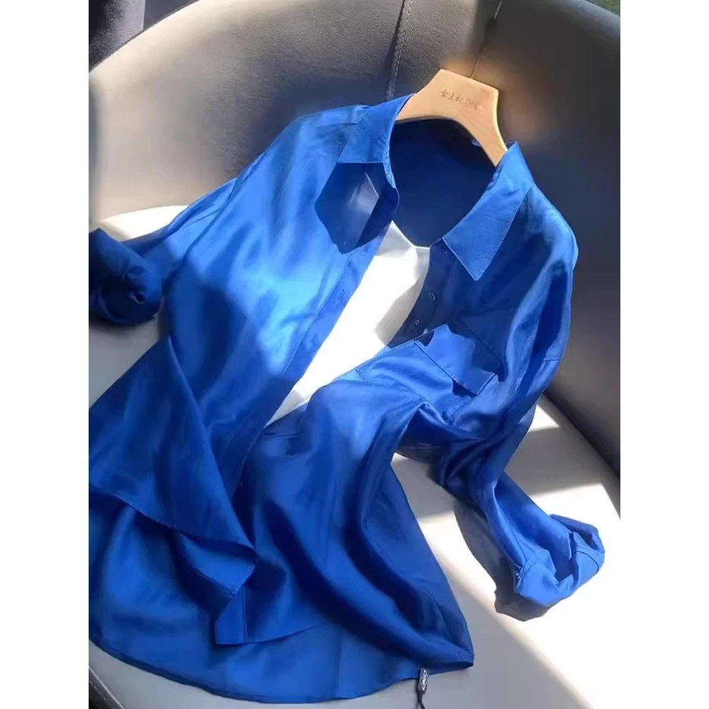 法式复古绝美薄款克莱因蓝色天丝亚麻上衣高端棉麻衬衫女防晒开衫