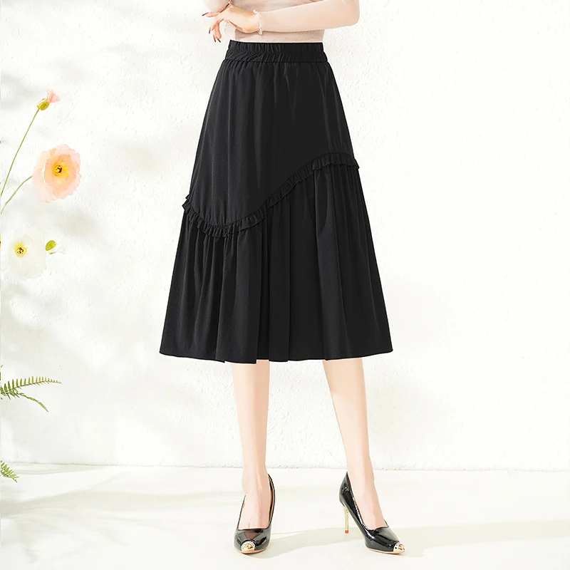 黑色布料半身裙女夏季薄款2025新款休闲a字中长款不规则裙子