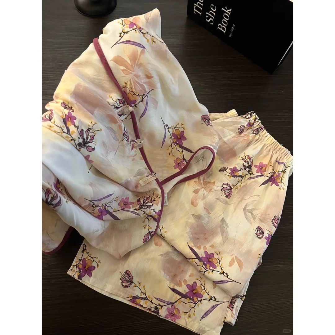 中国风新中式禅意复古花卉睡衣女秋季古风长袖长裤套装大码家居服