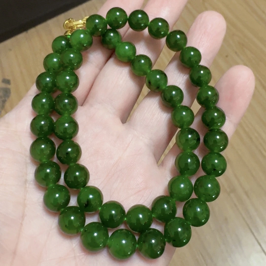 碧玉菠菜绿圆珠妈妈链项链10mm俄7红皮