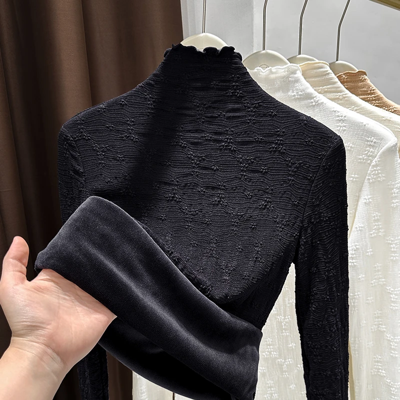 正肩黑色长袖半高领修身加绒保暖上衣女内搭2025秋冬季蕾丝打底衫