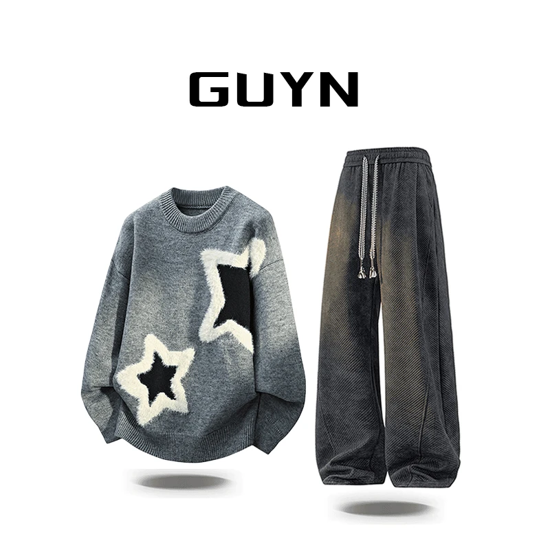 【品牌正品现货】GUYN潮流拼色星星提花毛衣男秋冬圆领针织休闲上衣