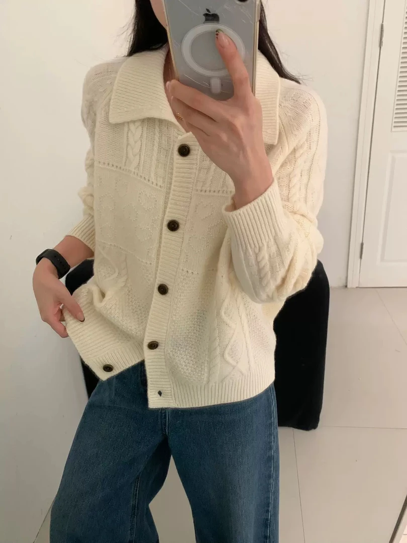 毛针织衫韩版单排扣毛织开衫百搭宽松针织秋冬白色