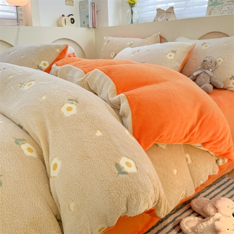 可爱刺绣牛奶绒被套单件150x200x230冬季加厚法兰珊瑚绒面四件套