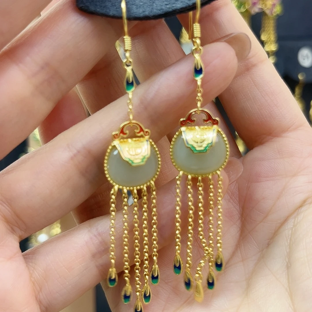 和田玉银S925镀金镶嵌耳饰