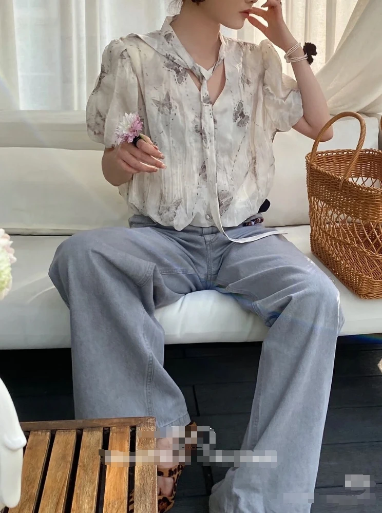 867-法式印花蝴蝶结短袖衬衣女2025夏季温柔复古甜美飘带衬衫剪标