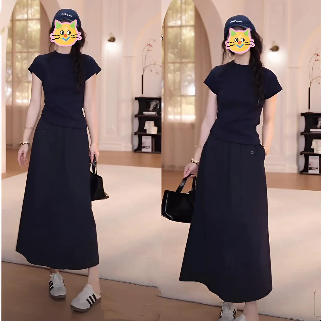 【极简穿搭】时尚百搭纯色净版短袖T恤+松紧腰纽扣工装口袋半裙套装