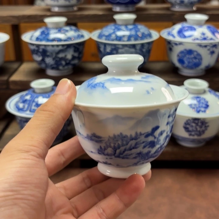 景德镇纯手工手绘山水盖碗