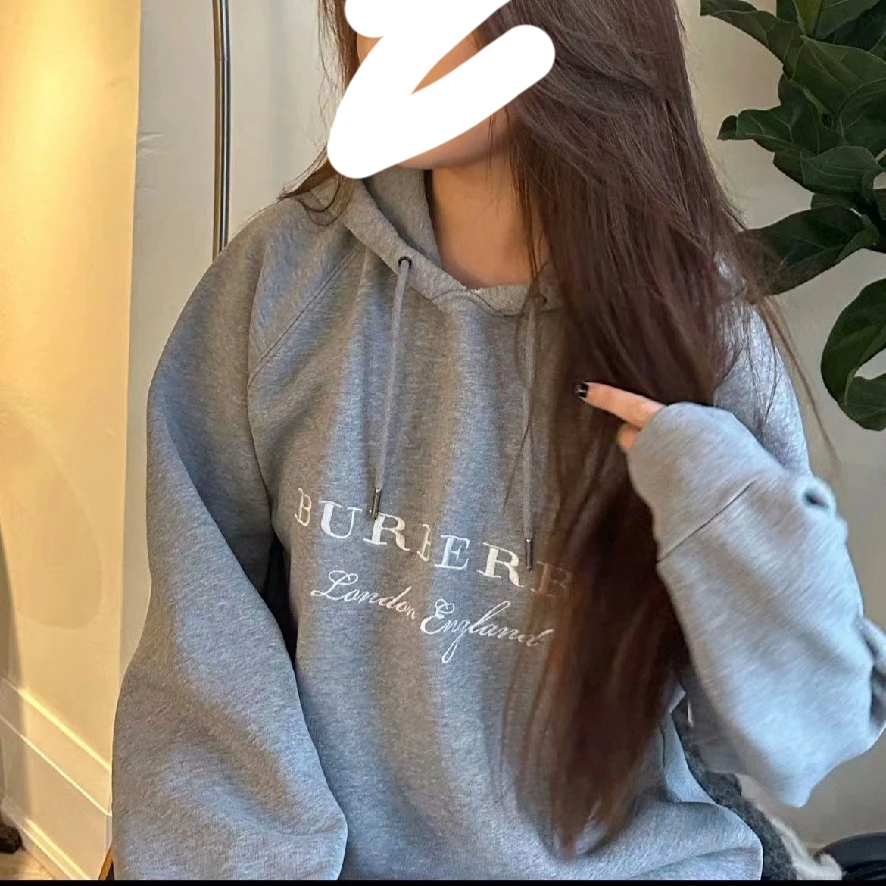 99新 BURBERRY/博柏利 001313 灰色棉质字母logo加绒连帽卫衣 s码