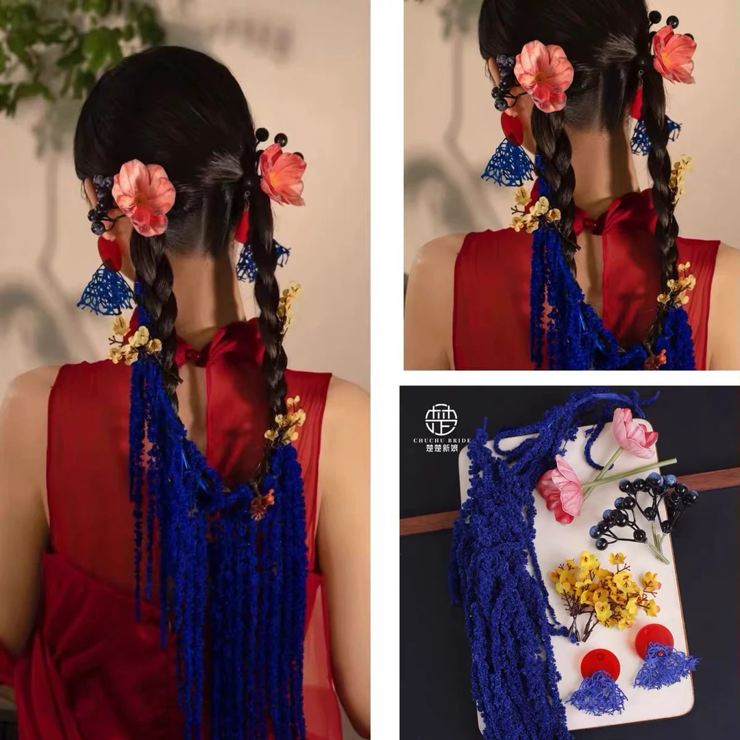 新中式旗袍头饰红蓝配色国风晨袍古典造型敬酒服配饰新品