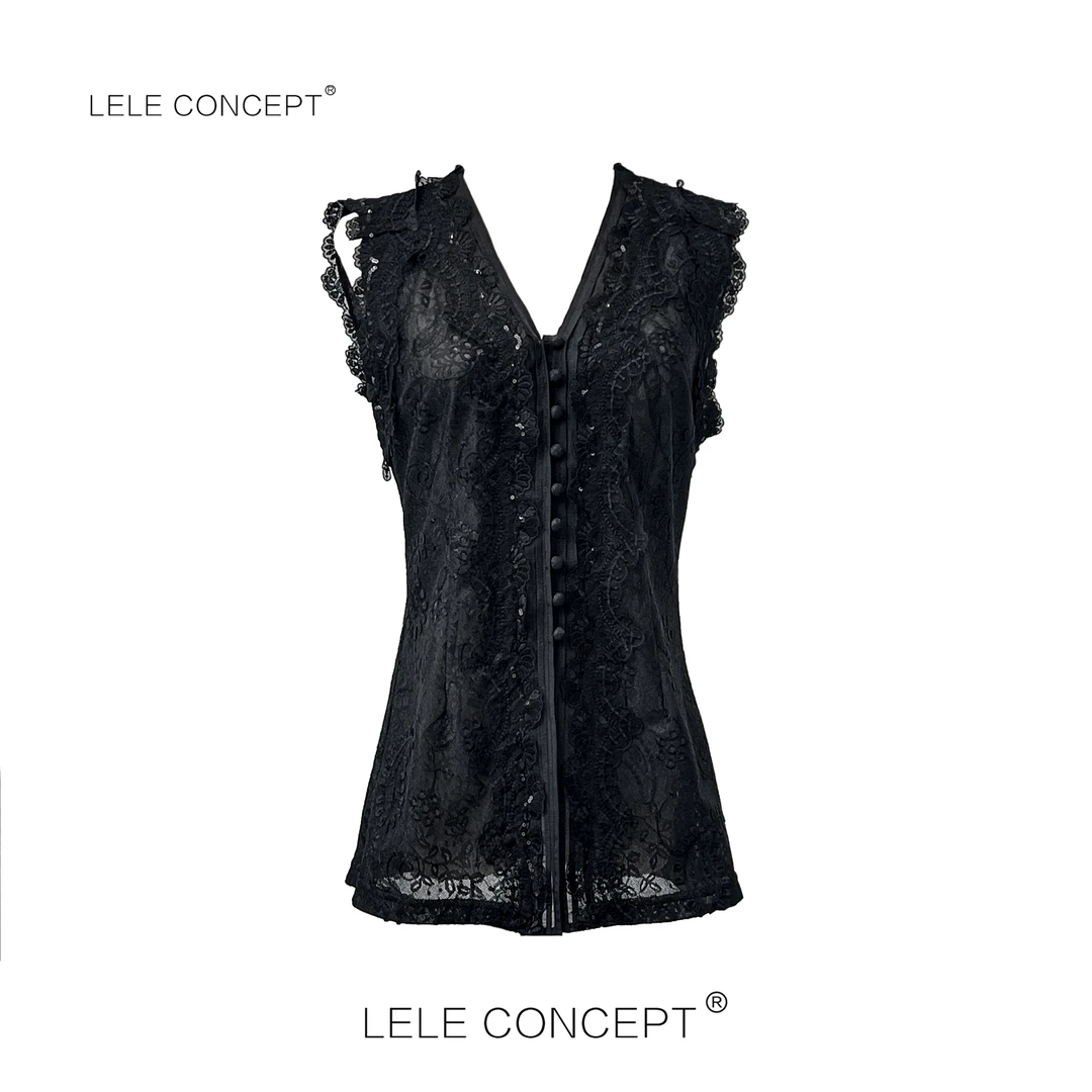 LELE CONCEPT丨【精选推荐】高级感V领蕾丝花无袖上衣S0872