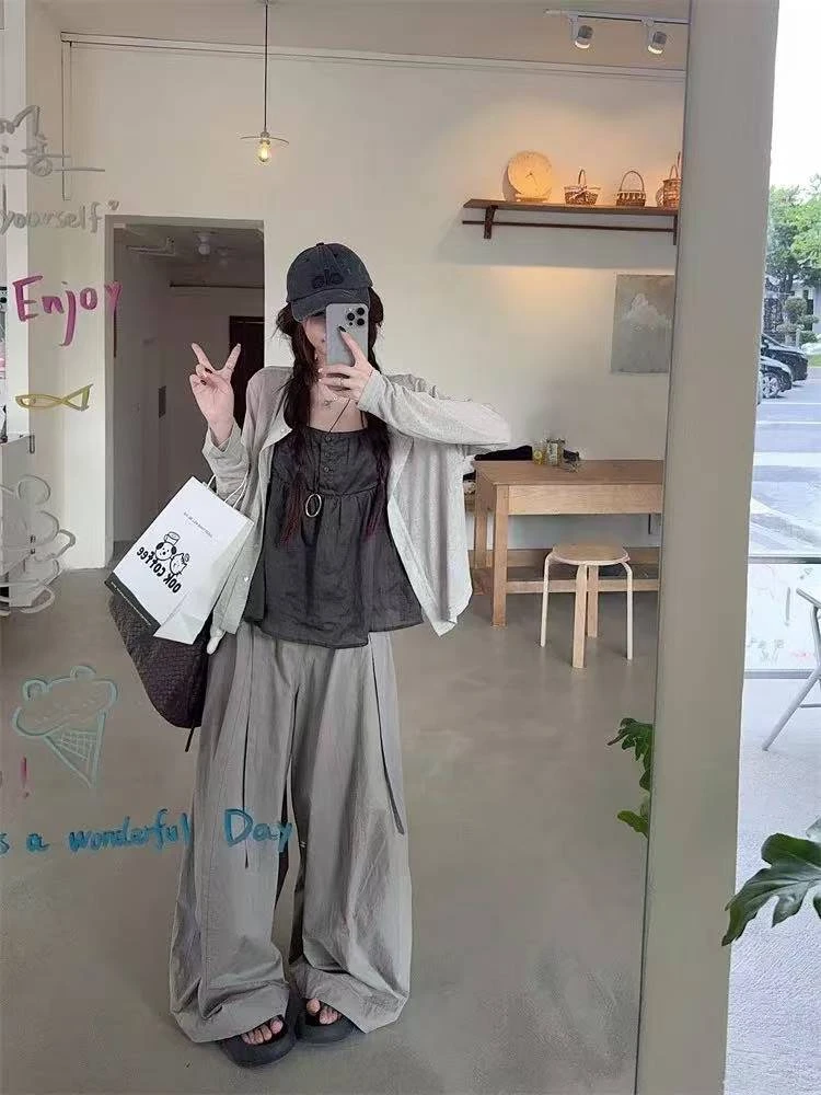 韩系穿搭一整套开衫+减龄背心吊带+高腰阔腿休闲裤