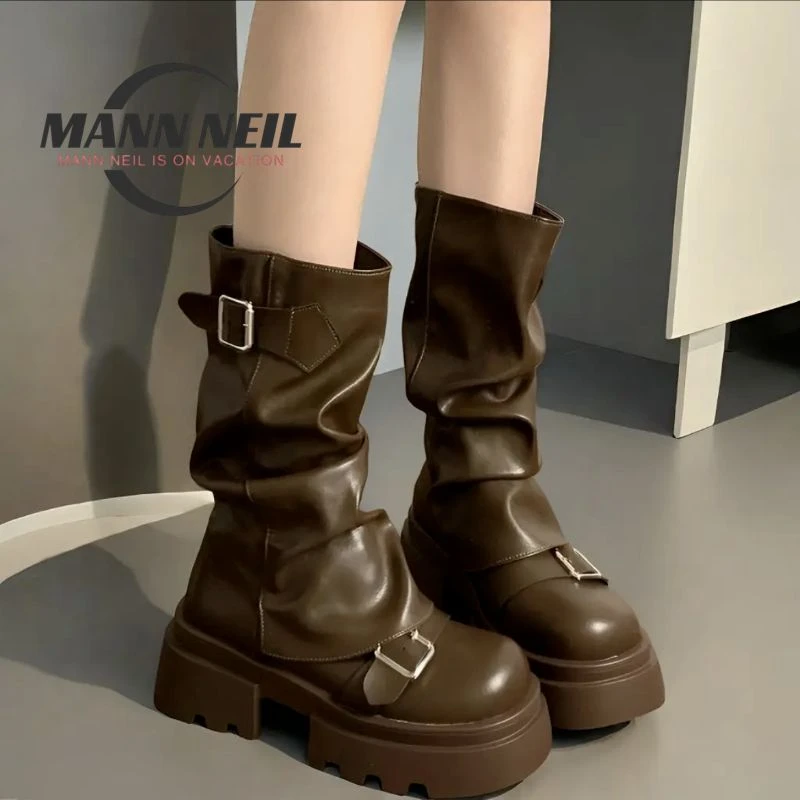 卓诗尼【断码清仓】MannNeil中筒靴2025春秋季新款网红爆款软底加厚