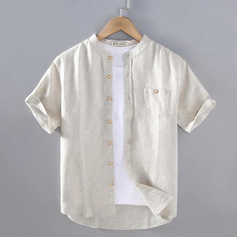巴格奴纯亚麻短袖衬衫男士夏季新款时尚高端立领休闲百搭中年衬衣