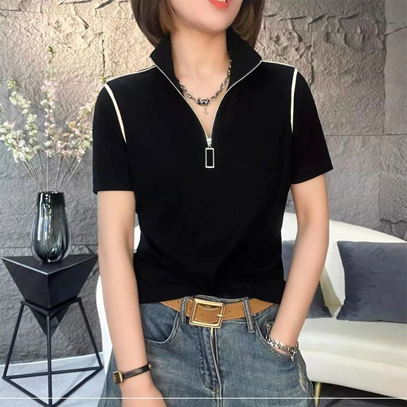 半拉链短袖t恤女爆款2025夏季新款时髦百搭洋气黑色短上衣高级感