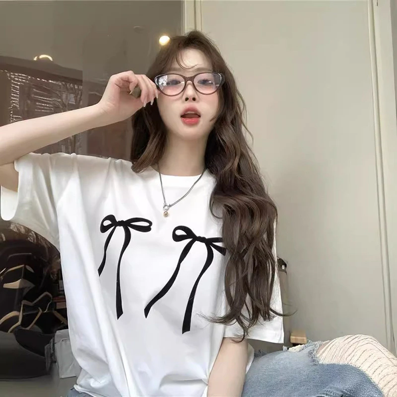 白色短袖t恤女2025夏季新款美式宽松时尚休闲大码百搭中长款上衣