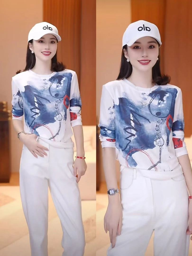 JDND轩羽【水墨画】秋季圆领百搭双层纱皮肤衣上衣XY25384