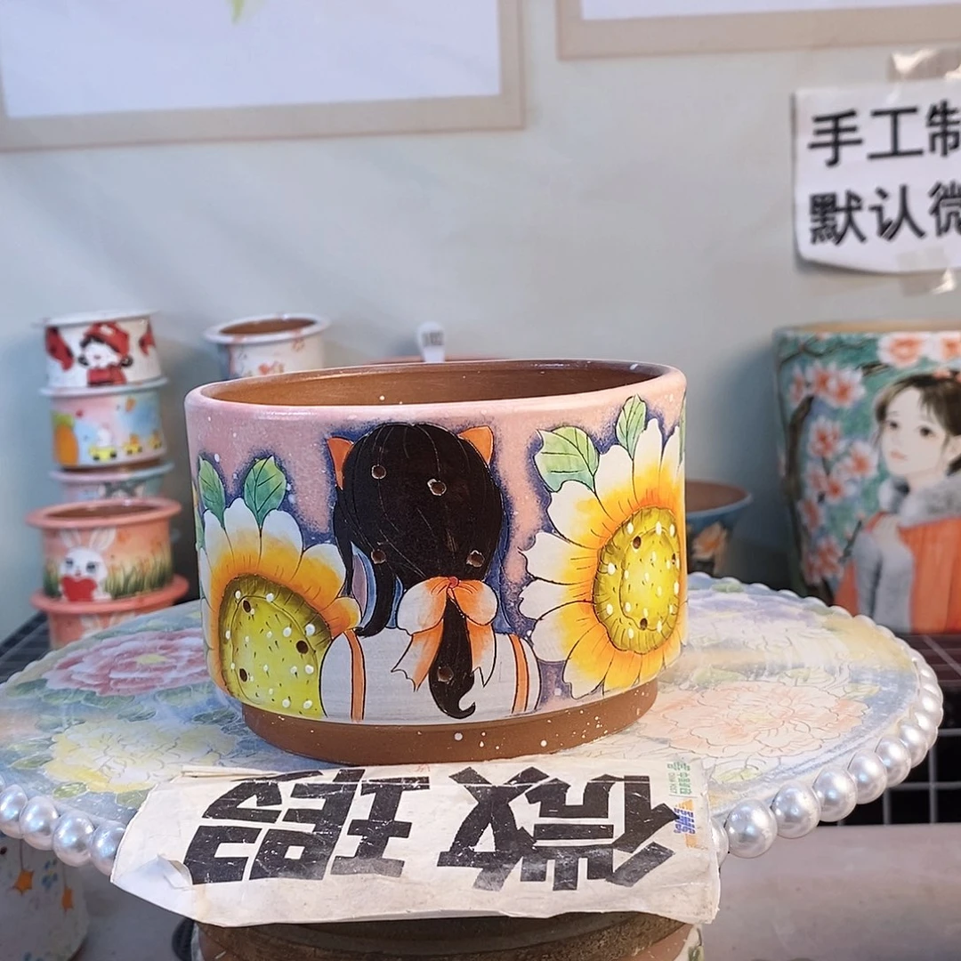 紫砂花盆允*红陶手绘花盆