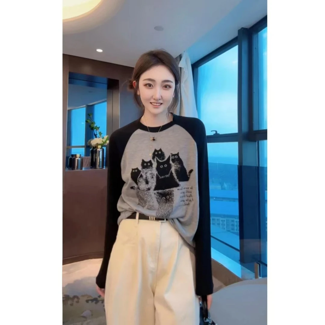 欧货猫咪!软糯绵羊毛~黑灰时尚圆领提花女式针织衫