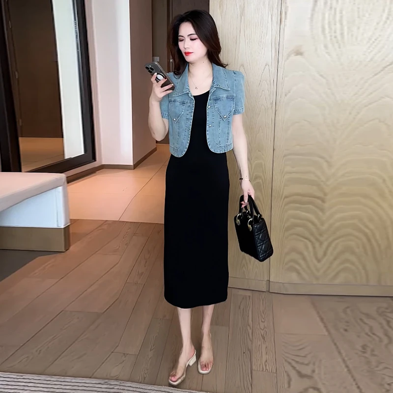 2025夏季新款时尚连衣裙女洋气显瘦气质牛仔外套吊带裙两件套潮