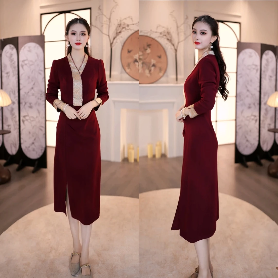 2025秋冬新款红色旗袍围巾绣花拼接设计优雅中长款连衣裙M-4XL